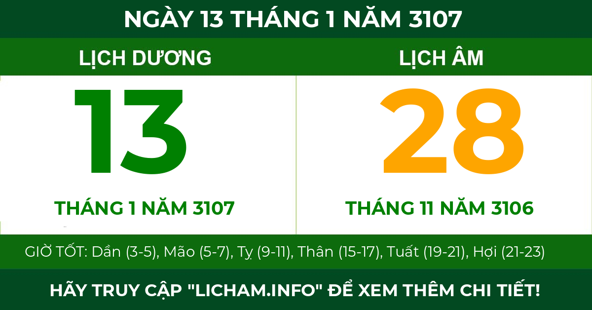 lịch âm ngày 13 tháng 1 năm 3107