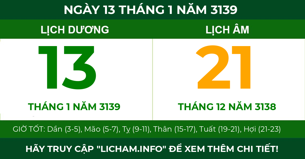 lịch âm ngày 13 tháng 1 năm 3139
