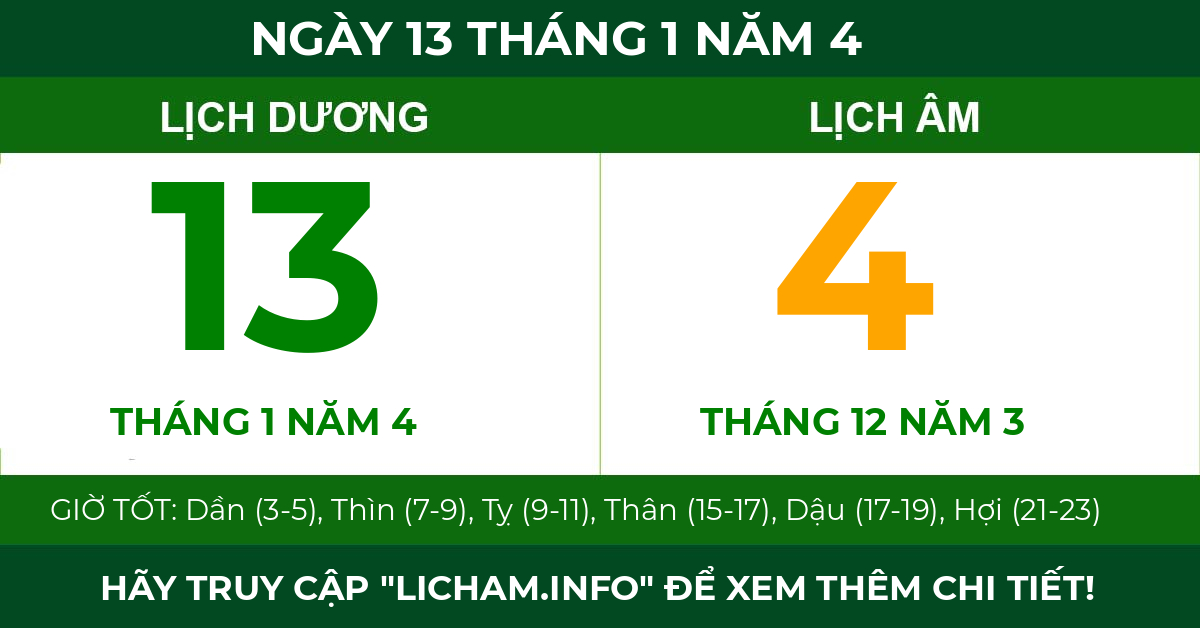 lịch âm ngày 13 tháng 1 năm 4