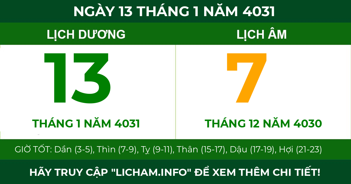 lịch âm ngày 13 tháng 1 năm 4031
