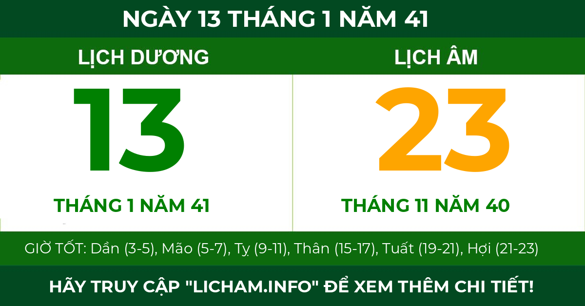 lịch âm ngày 13 tháng 1 năm 41