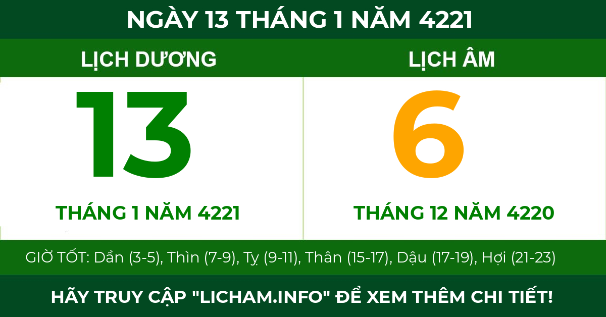 lịch âm ngày 13 tháng 1 năm 4221