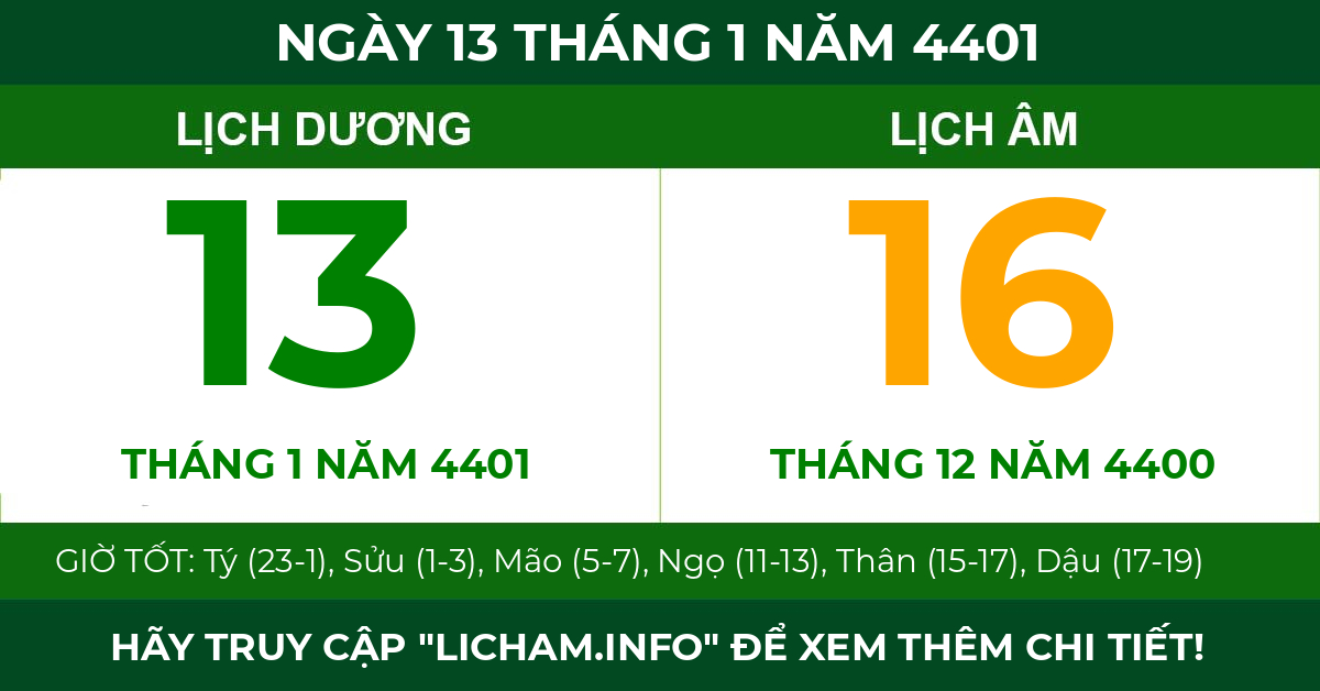 lịch âm ngày 13 tháng 1 năm 4401