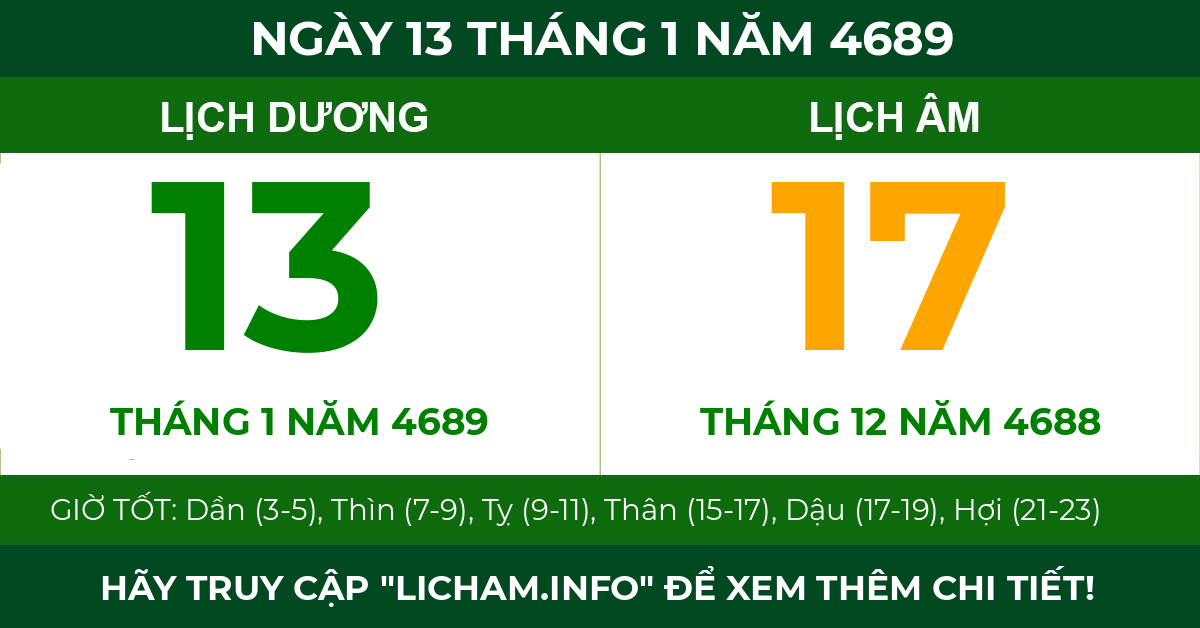 lịch âm ngày 13 tháng 1 năm 4689