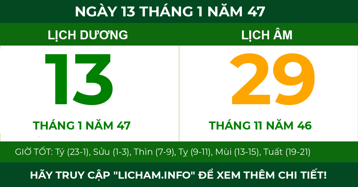 lịch âm ngày 13 tháng 1 năm 47