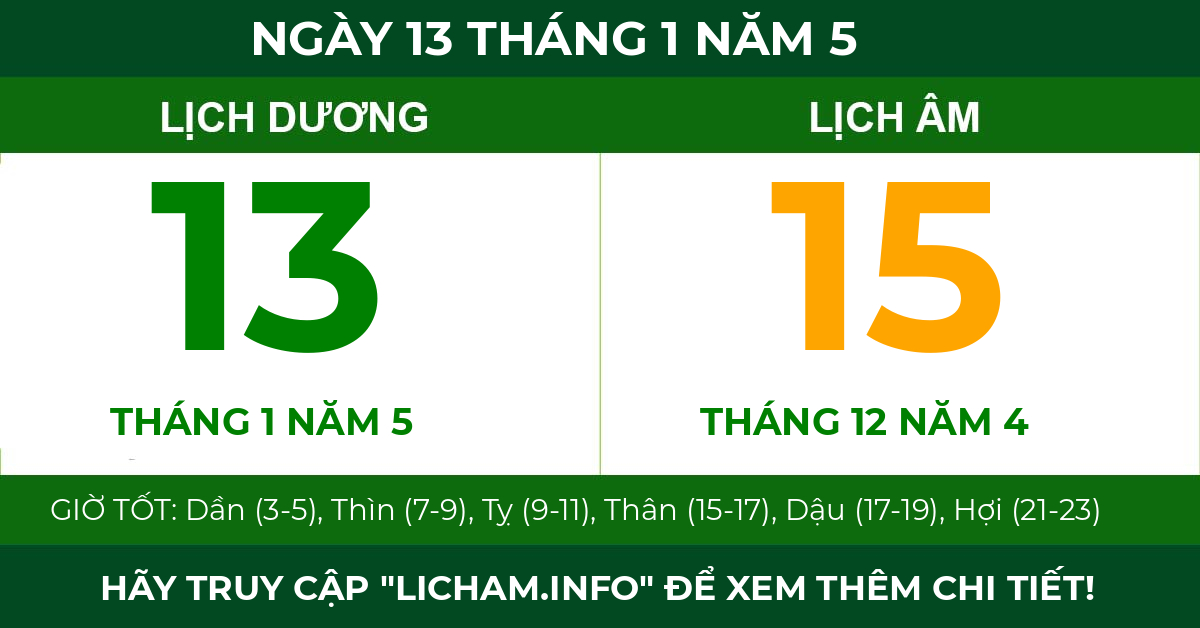 lịch âm ngày 13 tháng 1 năm 5