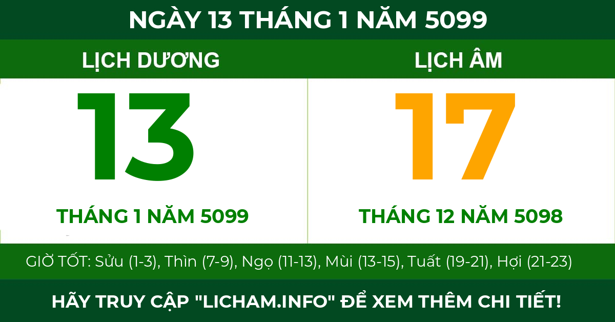 lịch âm ngày 13 tháng 1 năm 5099