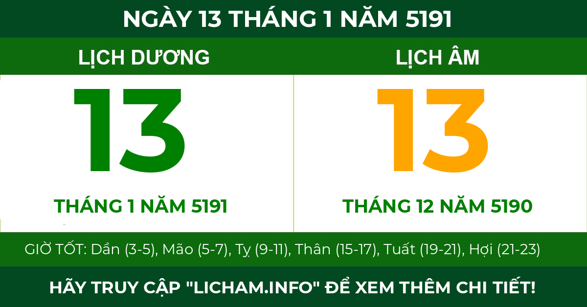 lịch âm ngày 13 tháng 1 năm 5191