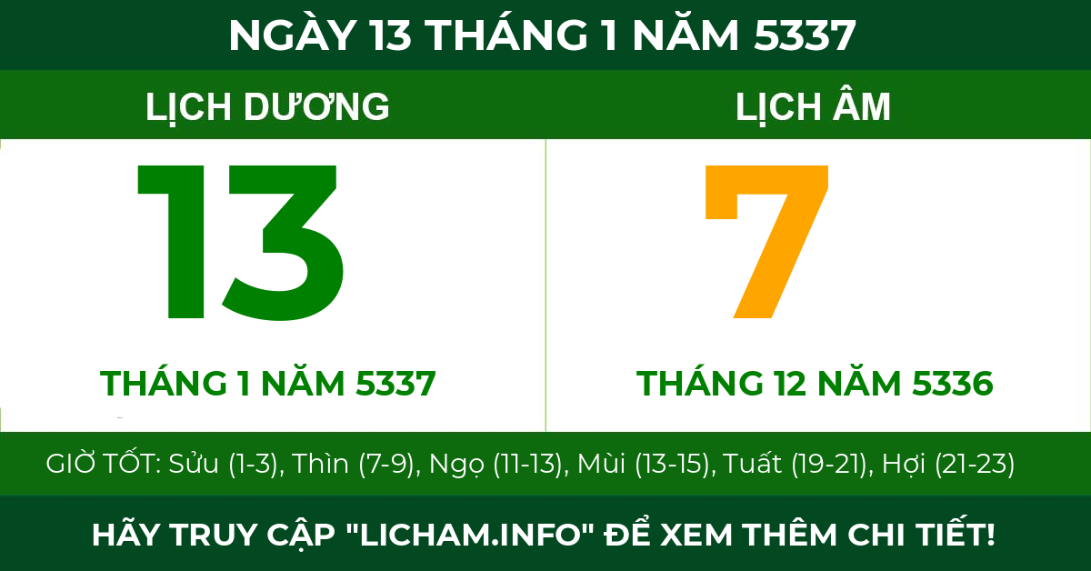 lịch âm ngày 13 tháng 1 năm 5337