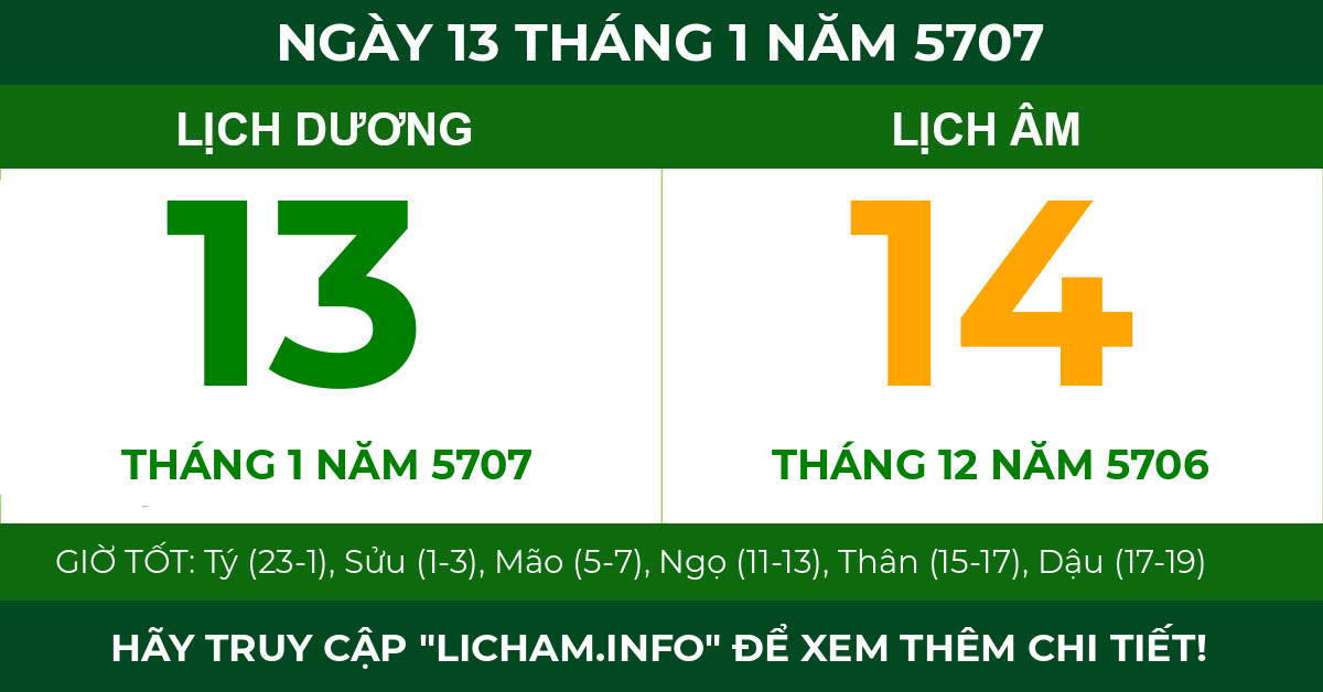 lịch âm ngày 13 tháng 1 năm 5707
