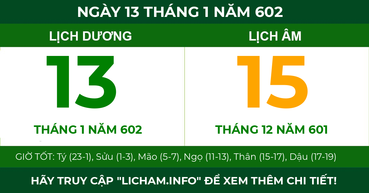 lịch âm ngày 13 tháng 1 năm 602