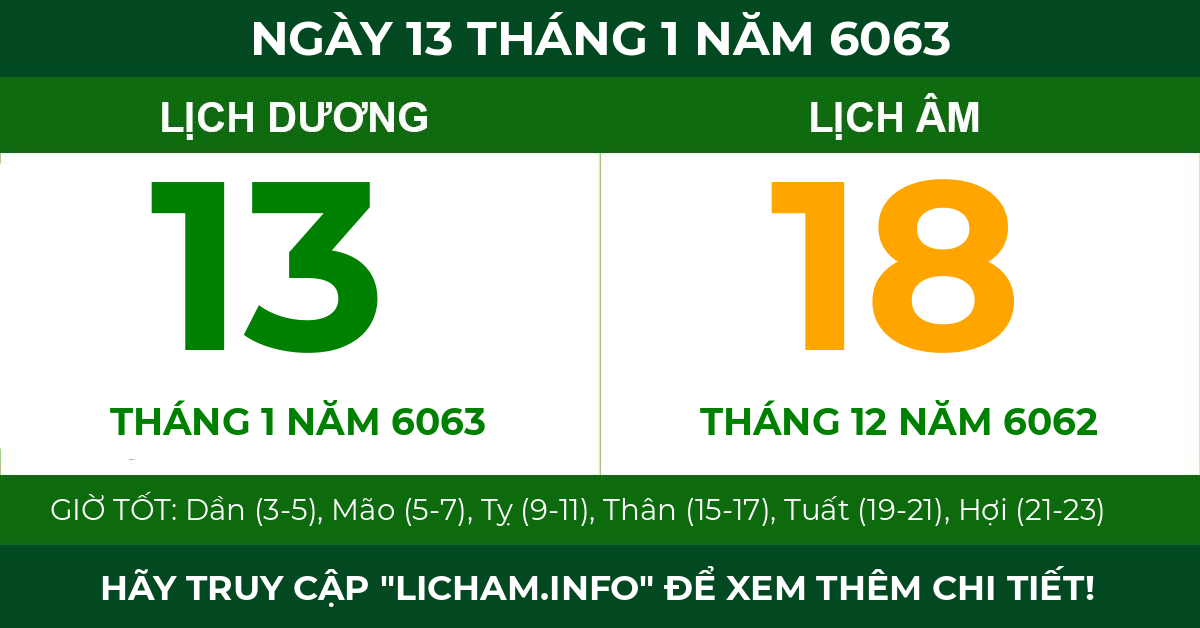 lịch âm ngày 13 tháng 1 năm 6063