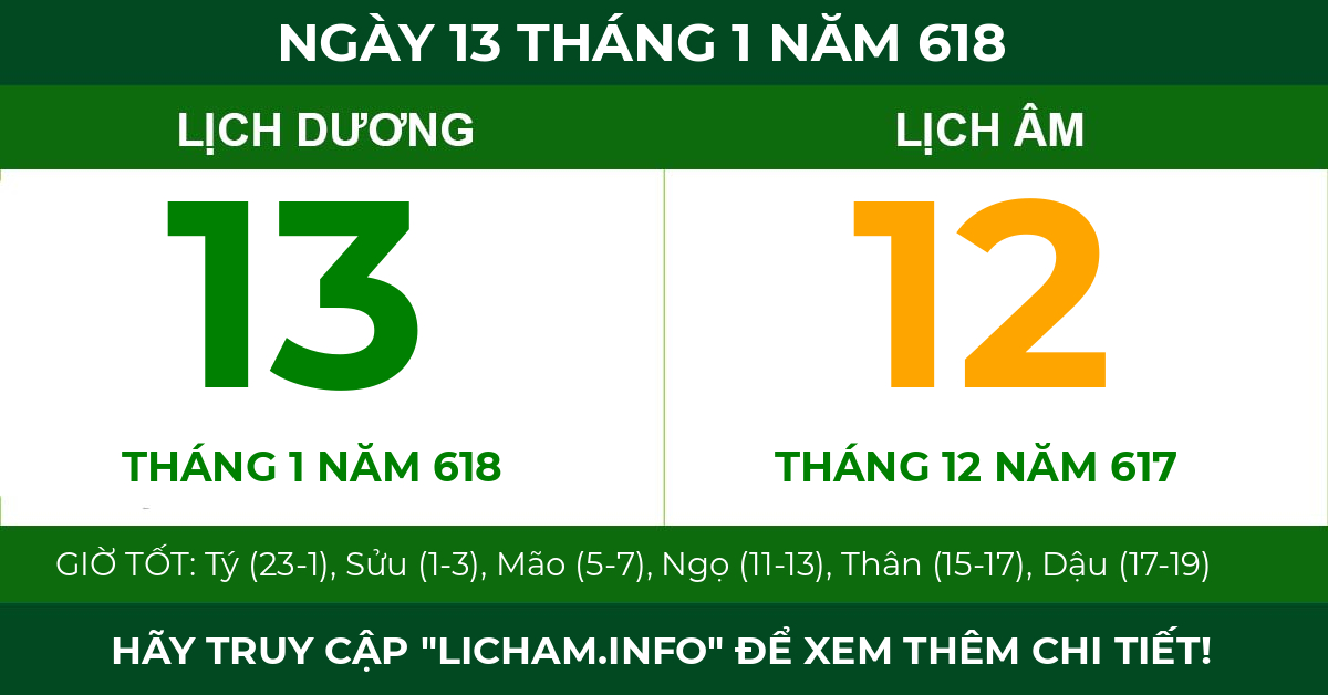 lịch âm ngày 13 tháng 1 năm 618