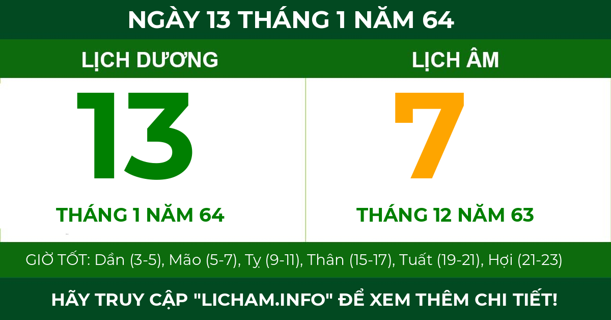 lịch âm ngày 13 tháng 1 năm 64