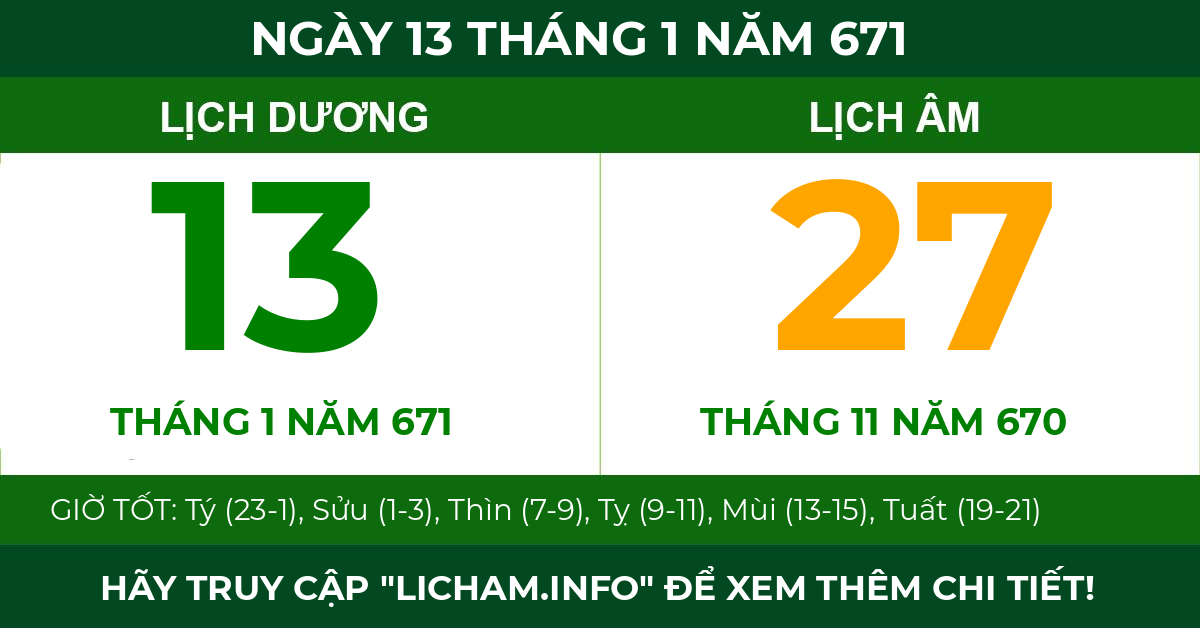 lịch âm ngày 13 tháng 1 năm 671