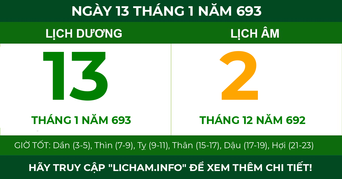 lịch âm ngày 13 tháng 1 năm 693