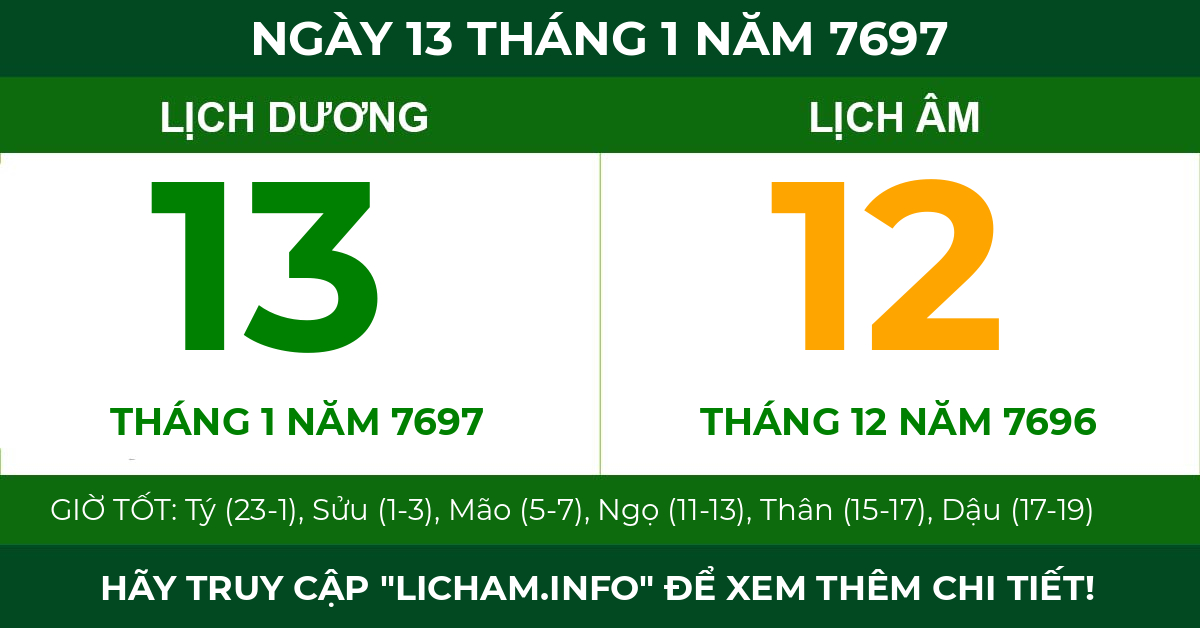 lịch âm ngày 13 tháng 1 năm 7697