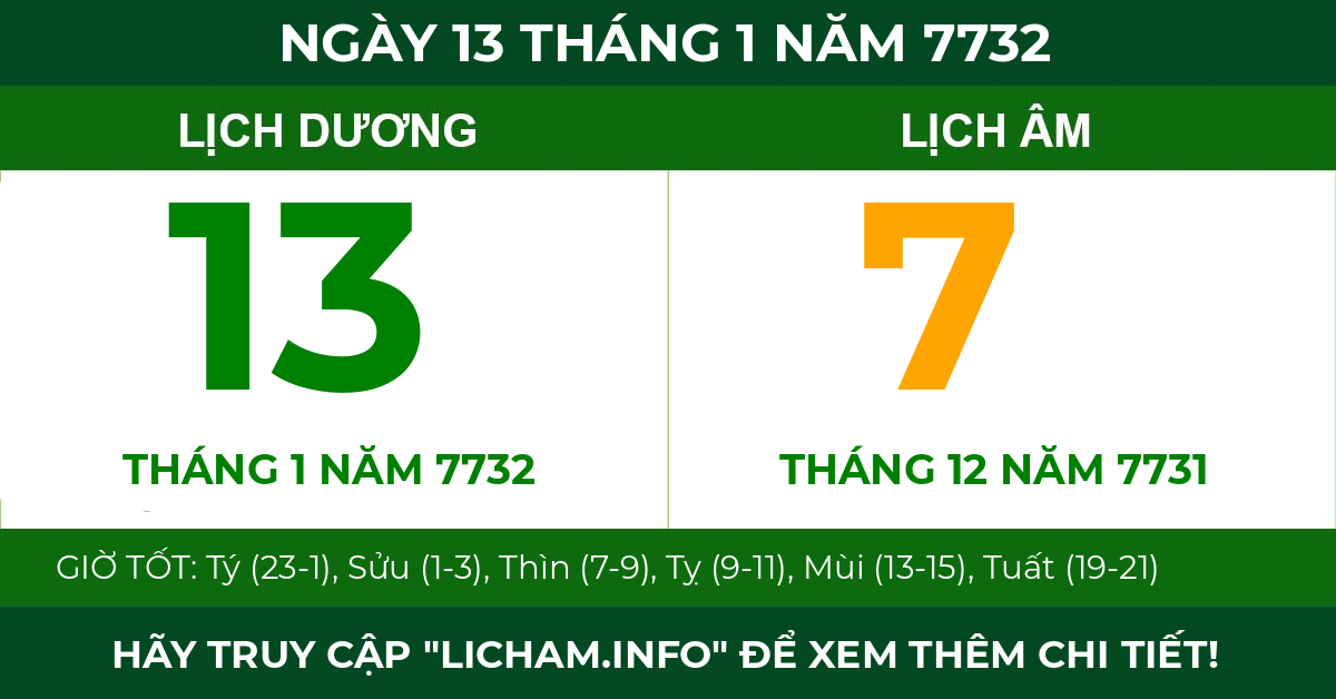 lịch âm ngày 13 tháng 1 năm 7732