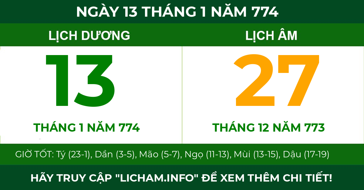 lịch âm ngày 13 tháng 1 năm 774