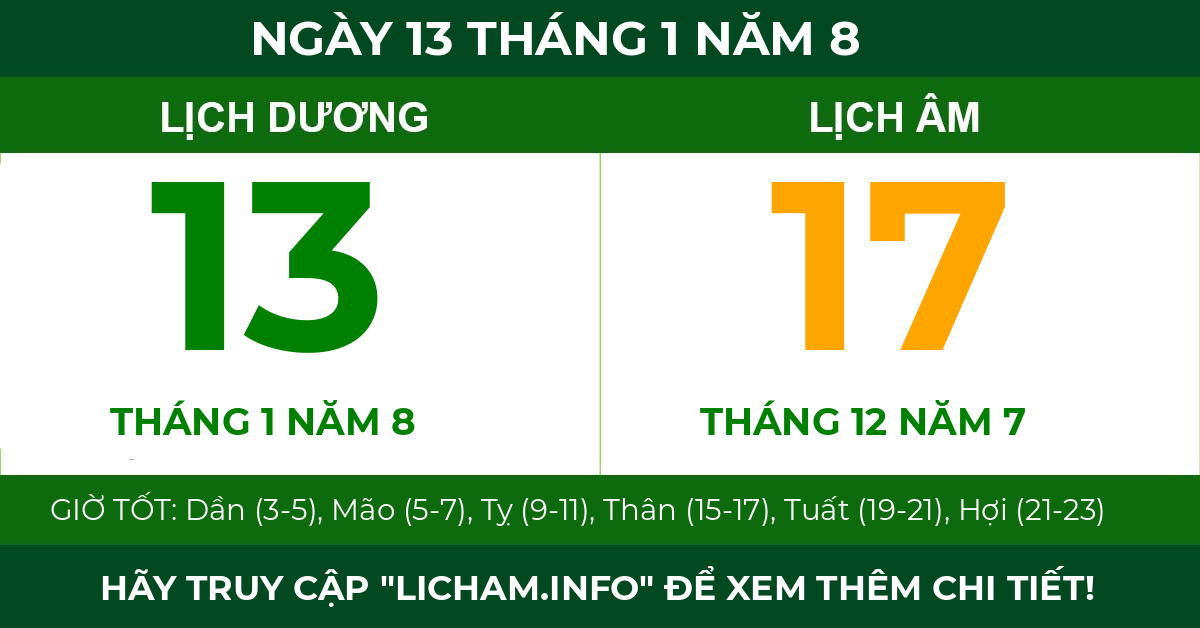 lịch âm ngày 13 tháng 1 năm 8