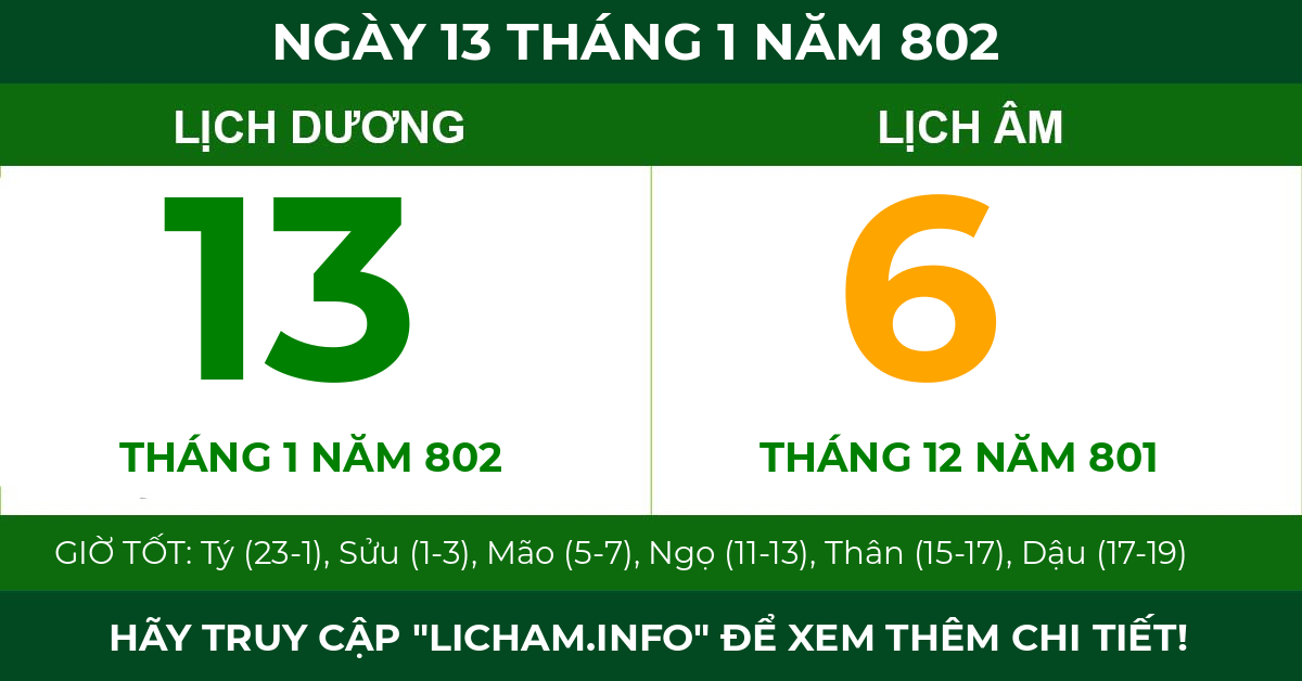lịch âm ngày 13 tháng 1 năm 802