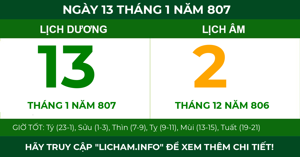 lịch âm ngày 13 tháng 1 năm 807
