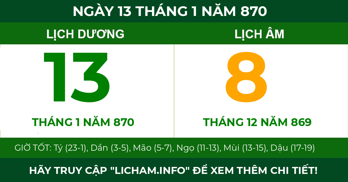 lịch âm ngày 13 tháng 1 năm 870