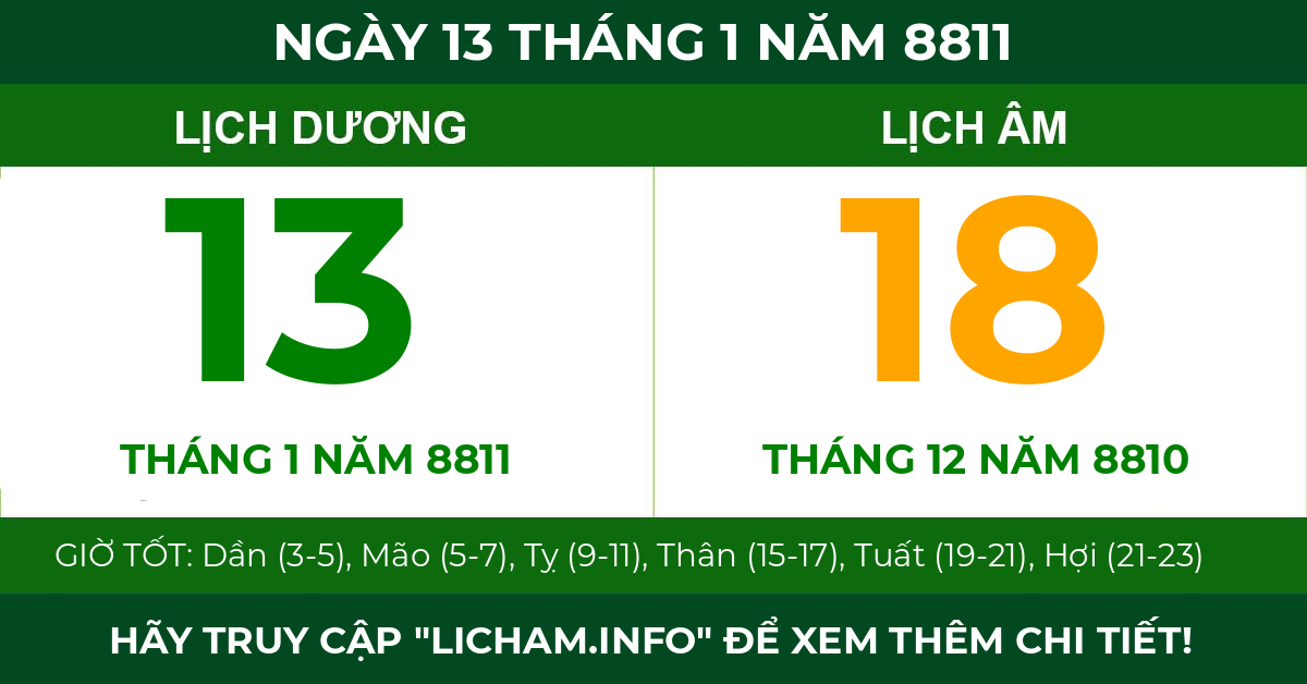 lịch âm ngày 13 tháng 1 năm 8811