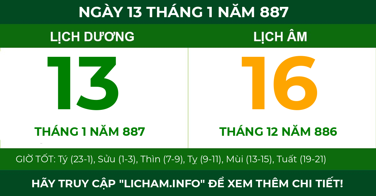 lịch âm ngày 13 tháng 1 năm 887