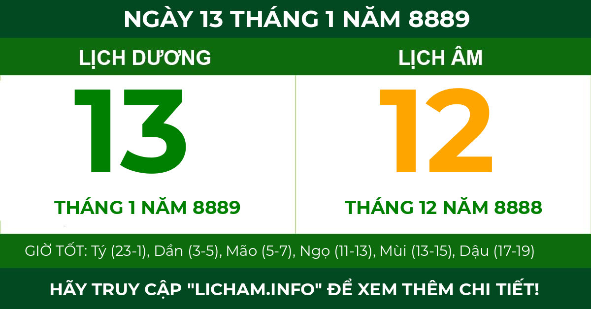 lịch âm ngày 13 tháng 1 năm 8889