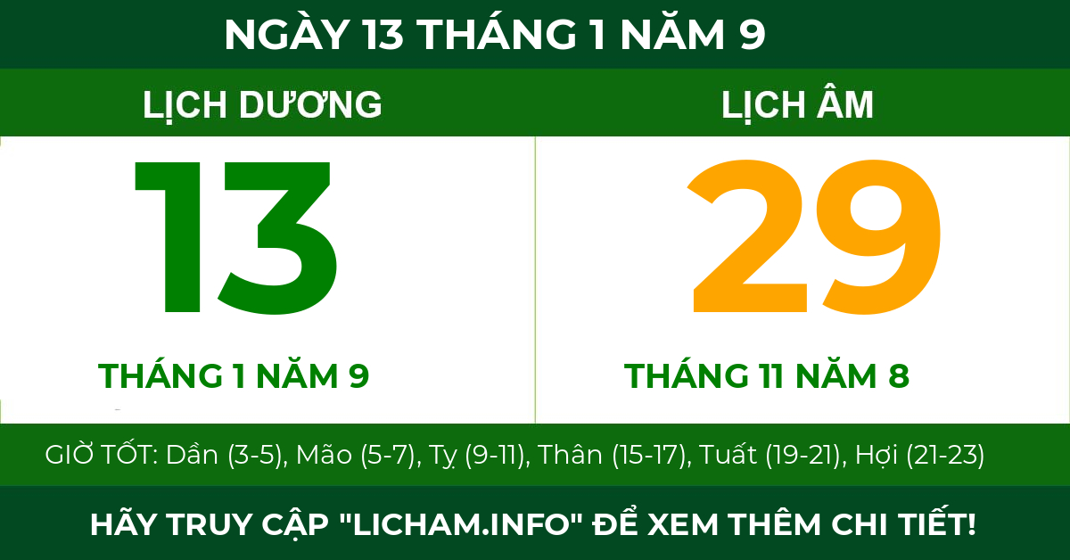 lịch âm ngày 13 tháng 1 năm 9