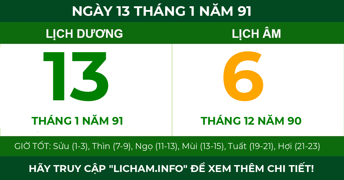 lịch âm ngày 13 tháng 1 năm 91