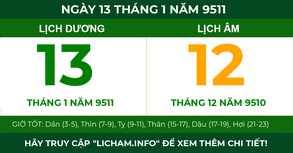 lịch âm ngày 13 tháng 1 năm 9511