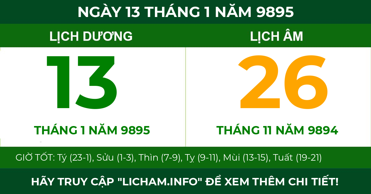 lịch âm ngày 13 tháng 1 năm 9895