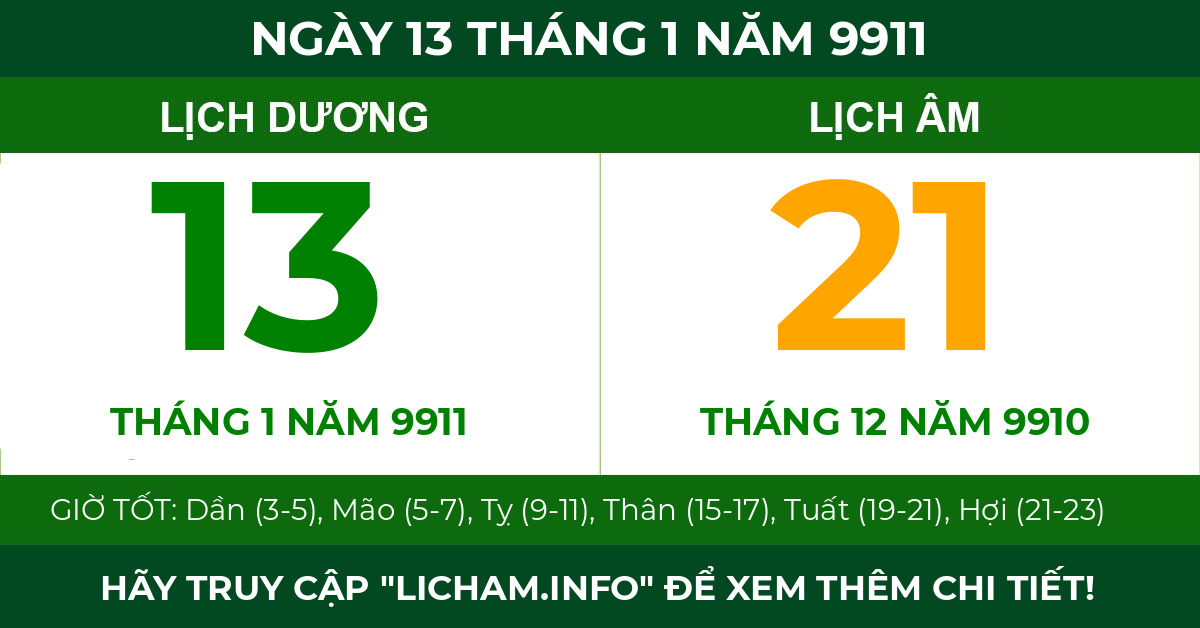 lịch âm ngày 13 tháng 1 năm 9911