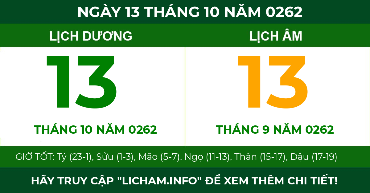 lịch âm ngày 13 tháng 10 năm 0262
