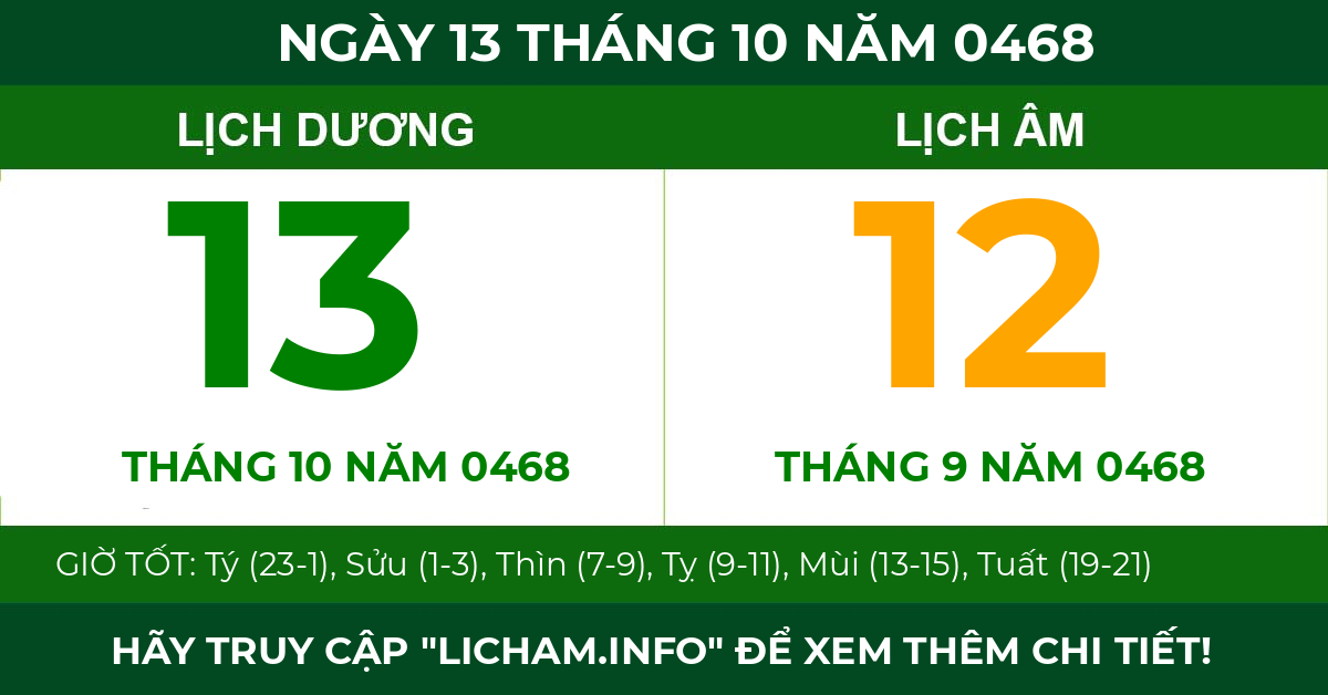 lịch âm ngày 13 tháng 10 năm 0468