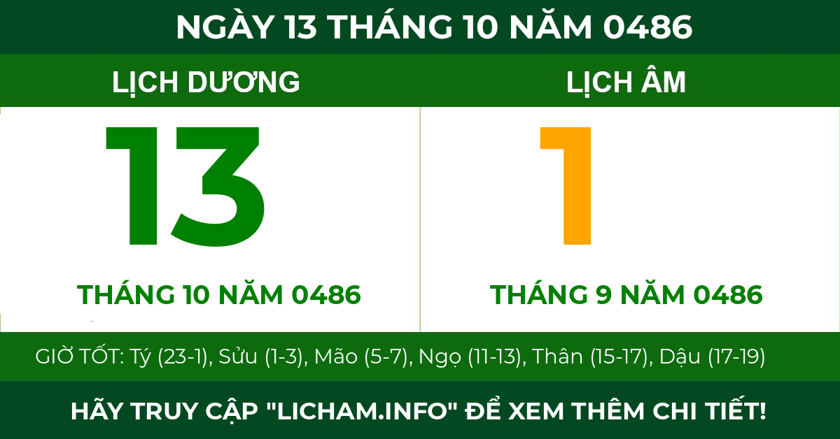 lịch âm ngày 13 tháng 10 năm 0486