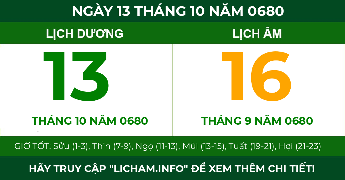 lịch âm ngày 13 tháng 10 năm 0680