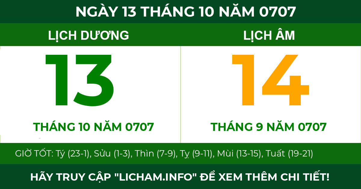lịch âm ngày 13 tháng 10 năm 0707