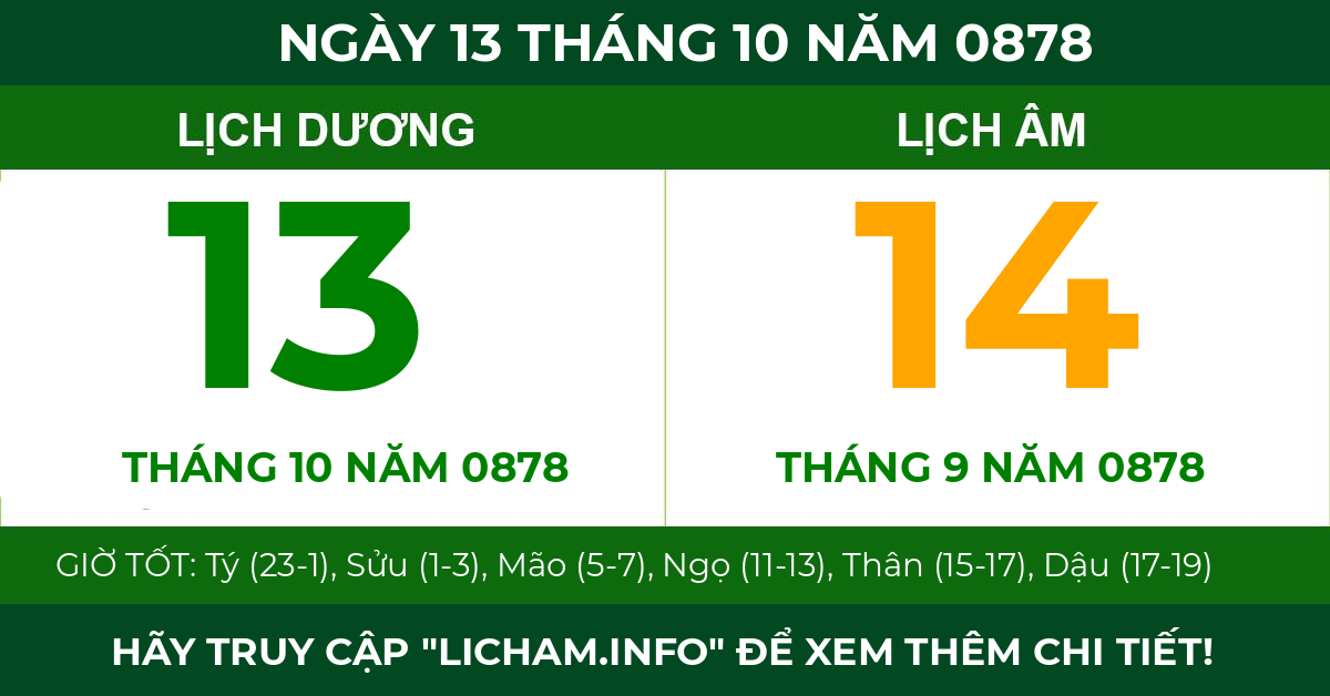 lịch âm ngày 13 tháng 10 năm 0878