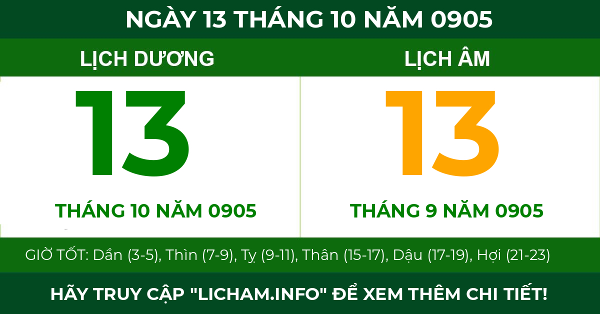 lịch âm ngày 13 tháng 10 năm 0905