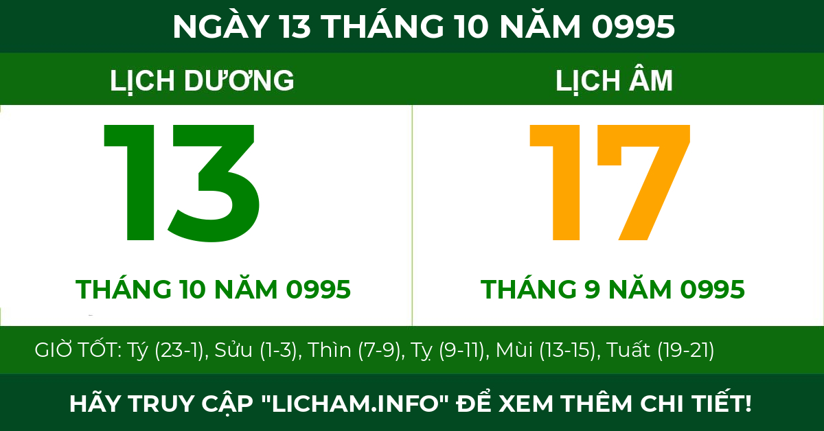 lịch âm ngày 13 tháng 10 năm 0995
