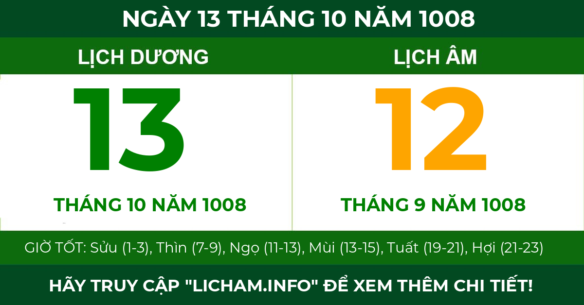 lịch âm ngày 13 tháng 10 năm 1008