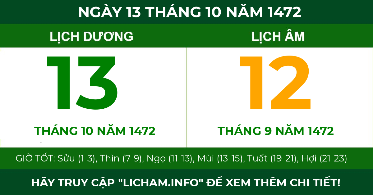 lịch âm ngày 13 tháng 10 năm 1472