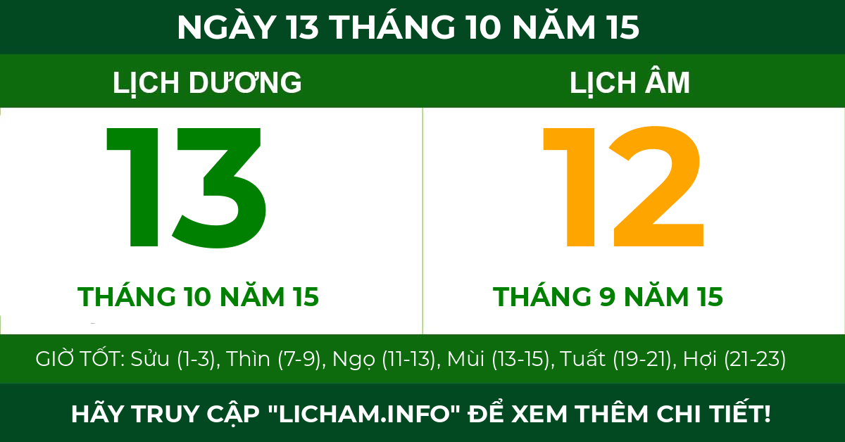 lịch âm ngày 13 tháng 10 năm 15