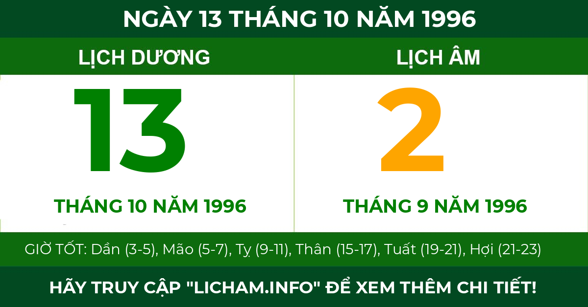 lịch âm ngày 13 tháng 10 năm 1996