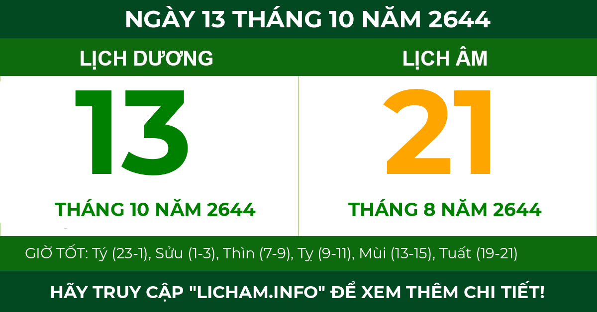 lịch âm ngày 13 tháng 10 năm 2644