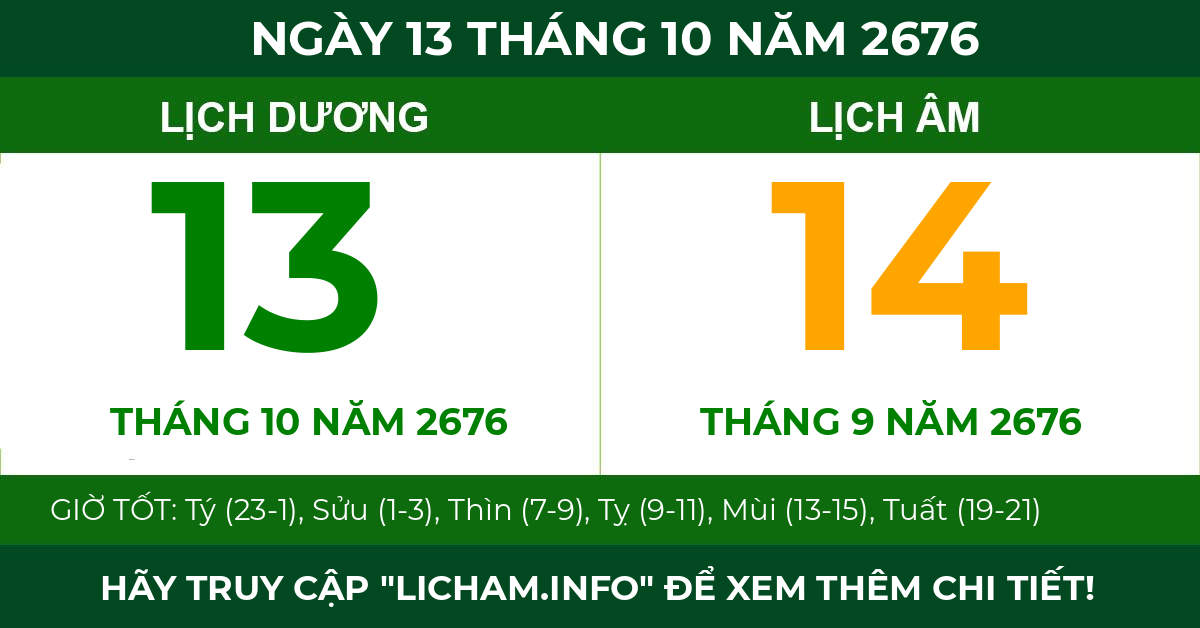 lịch âm ngày 13 tháng 10 năm 2676