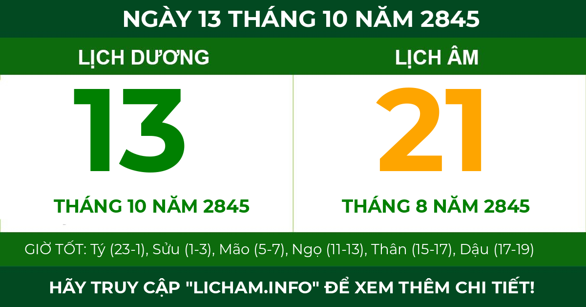 lịch âm ngày 13 tháng 10 năm 2845